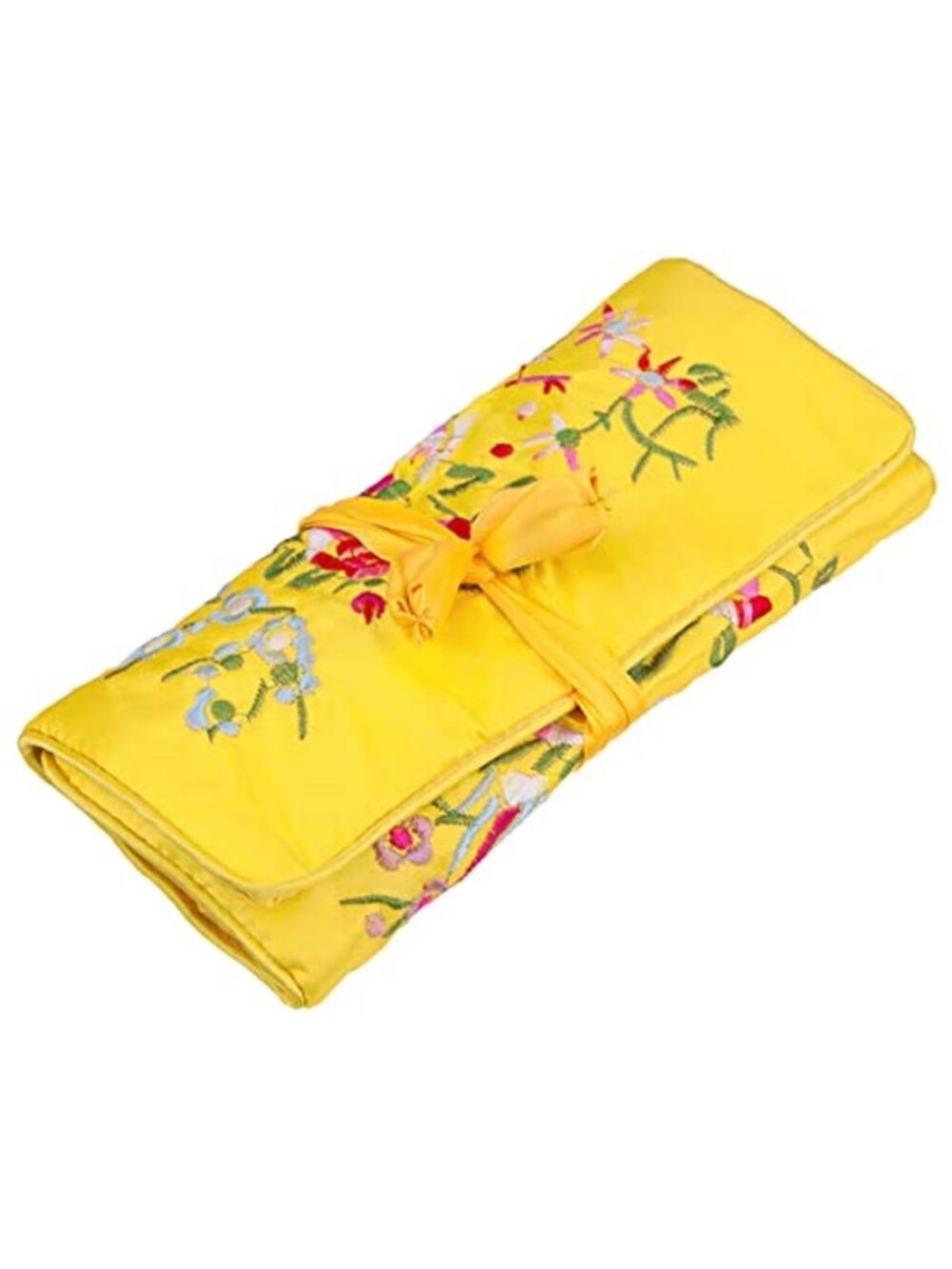 Embroidered Floral Bird Brocade Travel Jewelry Roll Bag Organizer Zipper Pouch